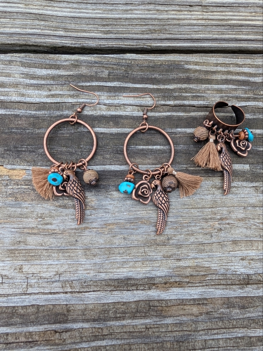 Boho Parrot Charm Hoop Earrings with Turquoise Accents And Matching Ring